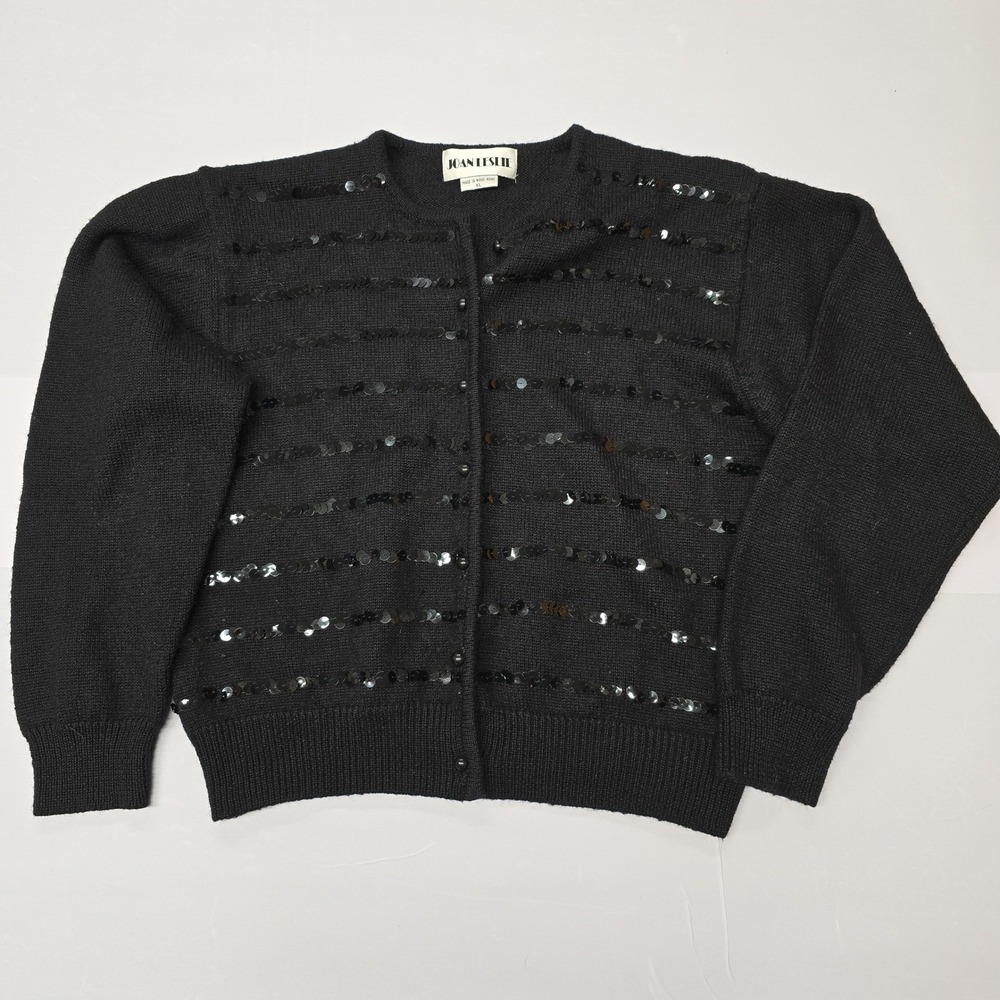 Joan Leslie Vintage Black Sequin‎ Knit Button Front Cardigan Sweater Womens XL
